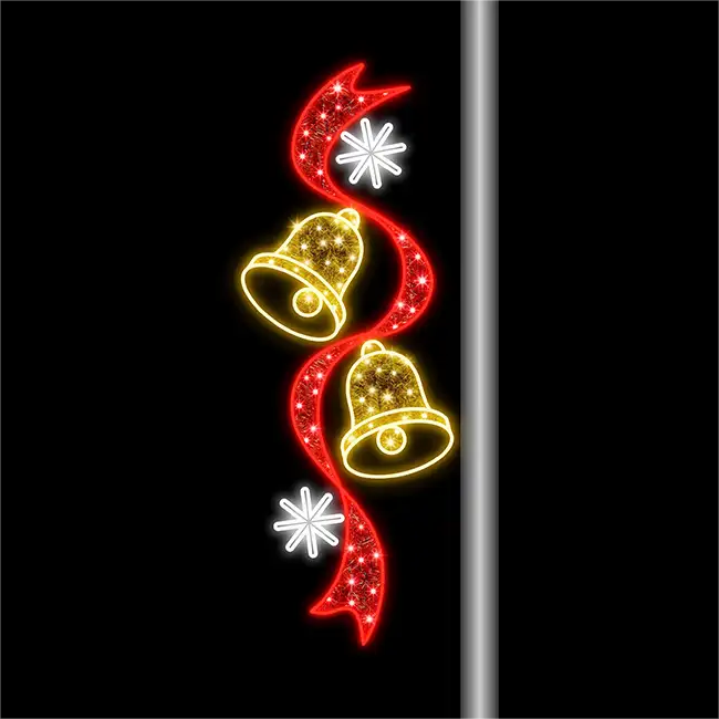 Giant Pre-Lit LED Ribbons and Bells Pole Mount 2D Wire Frame Decor