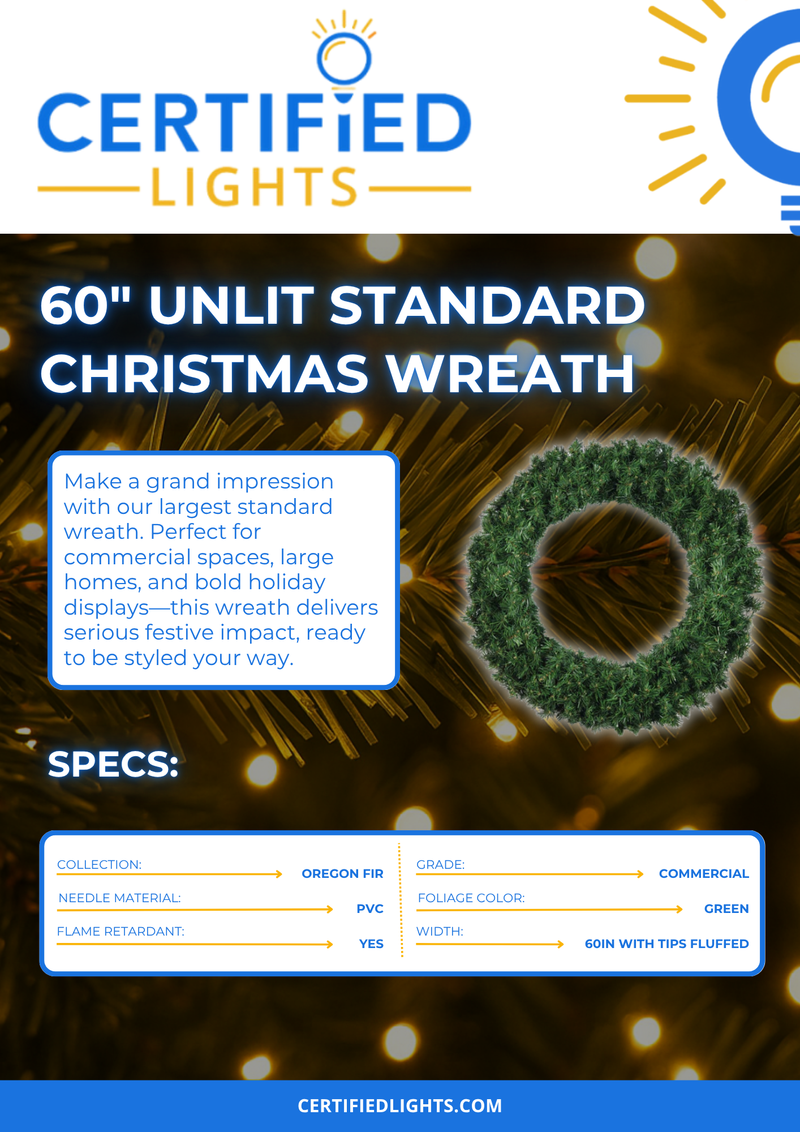 60-inch unlit standard Christmas wreath by Certified Lights, perfect for holiday home decor.