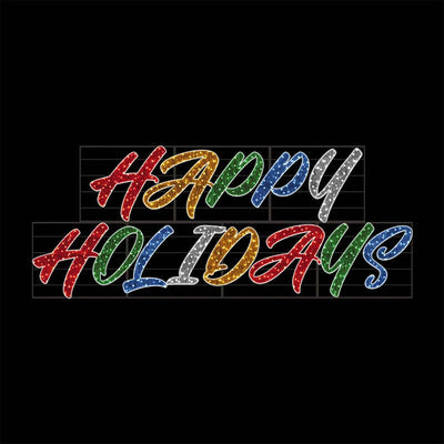 A 2D wire frame holiday decoration spelling out 'Happy Holidays' with multicolored LED lights.
